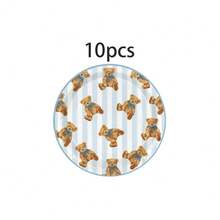 10/20/50pcs Blue Striped Vintage Teddy Bear Paper Plates, 9 Inch And 7 Inch Disposable Round Plates, Brown Bear With Blue Bow Print, Light Blue Vertical Stripe Cute Bear Pattern Plates, Teddy Bear Theme Baby Shower Party Tableware - Little Bear - View 11