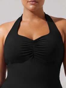 Sodalemon Women's Plus Size Summer Yoga Fitness Tank Top, Ruched Bust Spaghetti Strap Sports Casual Vest With Removable Liner - Black - View 6