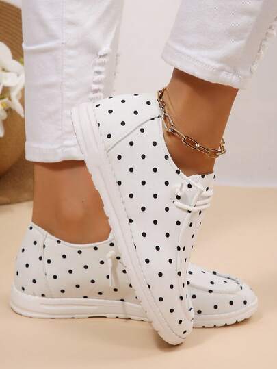 Giày thuyền nữ màu trắng chấm bi buộc dây, giày lười cổ thấp xỏ chân phong cách casual cho đi bộ hàng ngày, hoạt động ngoài trời và mặc mùa xuân hè