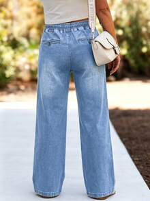 Light Blue Washed Drawstring Elastic Waist Full Length Loose Straight Leg Wide Leg Denim Jeans Casual Fall - Light Blue - View 4