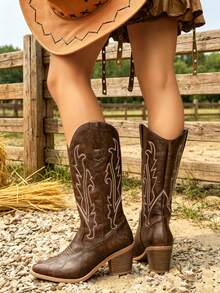 Women's Brown Western Cowboy Boots 2026 New American Vintage Western Style Pointed Toe Embroidered Chunky High Heel Slip-On, Cowgirl Boots - Dark Brown - View 5