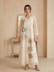 Hafizah 優雅女款長款睡袍洋裝，附網紗、刺繡亮片與花朵貼花 - 杏色 - 查看 5