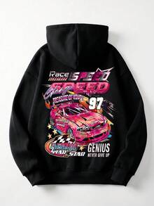 Sweatshirt Pullover Lengan Panjang Berkerudung Minimalis dengan Desain Bahu Jatuh, Motif Tema Balap dengan Logo 97, Atasan Lengan Panjang Kasual Serbaguna Warna Hitam untuk Musim Gugur - Hitam - View 3
