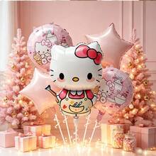 Cute Pink & White Foil Balloon Set, Star-Shaped Cartoon KT Cat Print Handheld Mylar Balloon Set, Birthday Party, Baby Shower, Kids Party, Photo Booth Decoration - As Shown In the Figure - View 2