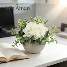 Artificial Plant With Grey Cement Pot, Three-Color Roses, Small And Delicate, Suitable For Decorating Kitchen, Office, Windowsill, Bedroom And Other Spaces, Maintenance-Free - White - View 6