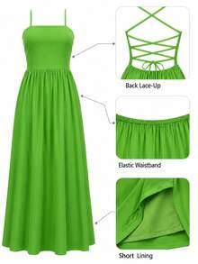 Robe fluide vert forêt à bretelles spaghetti et dos nu pour femmes, robe élégante pour vacances d'été, plage, resort, fête de vacances et festival - Vert - Voir 9