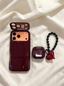 酒紅色翻蓋化妝鏡手機殼 + 耳機保護套 + 黑色珠飾紅色愛心掛鍊，適用於 iPhone 11 12 13 14 15 16 17 Pro/Pro Max - 酒紅色 - 查看 4