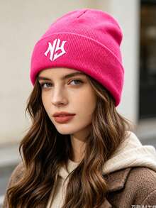 1件刺繡針織帽，極簡基本款，純色羊毛針織帽，適合秋冬，男女通用 - NY針織帽子 - 查看 2