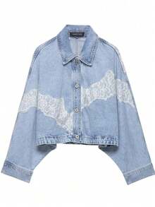 Women Autumn Vintage Lace Trimmed Loose Fit Long Sleeve Denim Casual Jacket - Blue - View 11