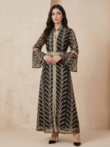 Hafizah 刺繡喇叭袖套頭優雅長洋裝 V領網紗女款洋裝 - 黑色 - 查看 5