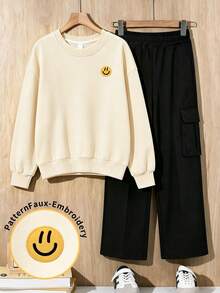 2-Piece Set/Outfit For Boys, With Faux Embroidery Pattern Crew Neck Long Sleeve Sweatshirt And Cargo Pants, Soft Fabric Casual Clothings - Multicolor - View 4