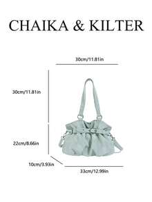 CHAIKA & KILTER 1件純色PU布料托特包，女款時尚單肩托特包，雙手柄設計，拉鍊開合，飾帶裝飾，適合日常與街頭使用 - 綠色 - 查看 3