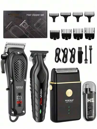 HIENA Cortapelos Eléctrico para Hombres Kit de Aseo de 4 Piezas / Recortador de Vello Nasal Individual Cortapelos Profesional Recortador de Barba & Patillas Carga Inalámbrica Pantalla Digital Afeitadora Eléctrica Set de Regalo
