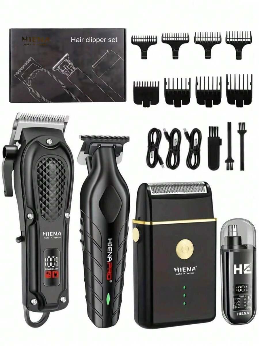 HIENA Men's Electric Hair Clipper Beard Trimmer 4-Piece Grooming Kit / Individual Nose Hair Trimmer Professional Hair Clipper Beard & Sideburn Trimmer Wireless Charging Digital Display Electric Razor Gift Set