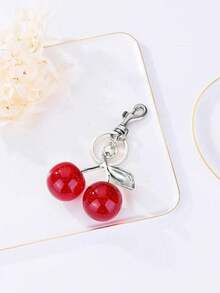 1pc Unique Shiny Cherry Shaped Pendant, Keychain Pendant, Cherry Decor Keychain With Buckle, Suitable As Bag Accessory, Bag Charm, Travel Portable - View 5