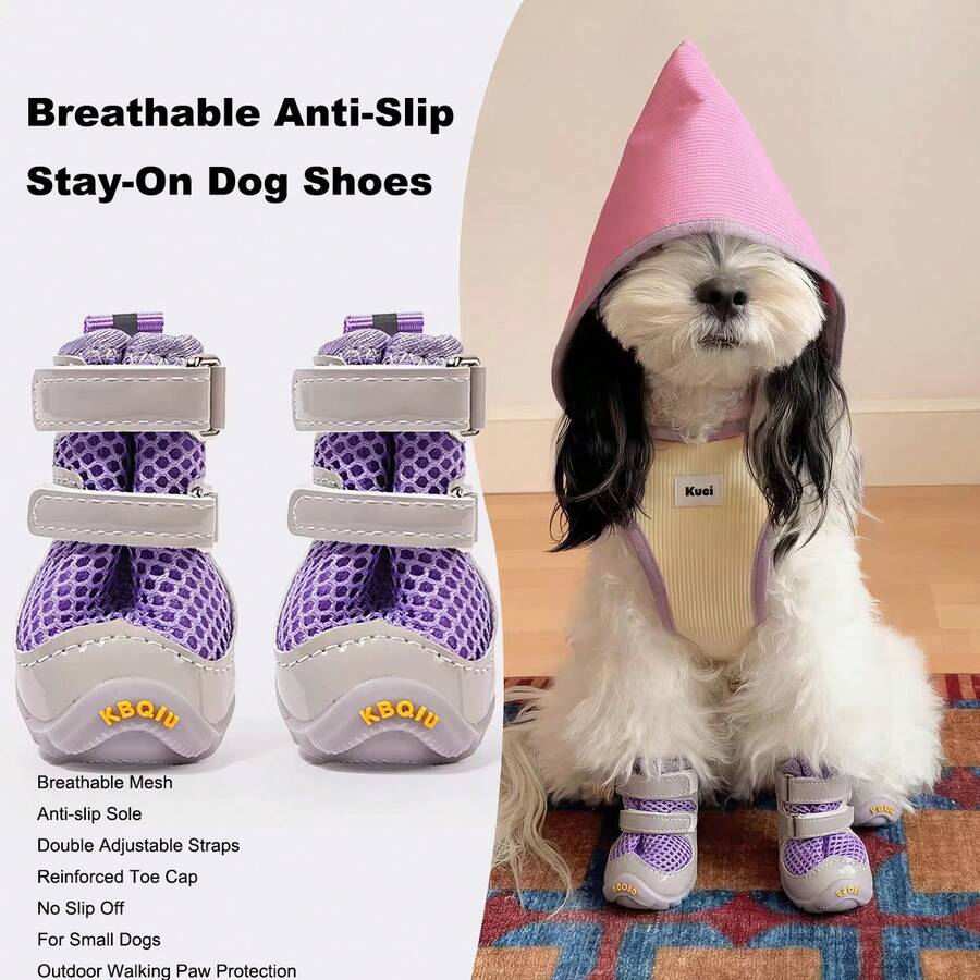 魔鬼氈狗鞋,戶外防滑網布寵物靴,適用於泰迪、博美及小型犬 - 紫色 - 查看 1