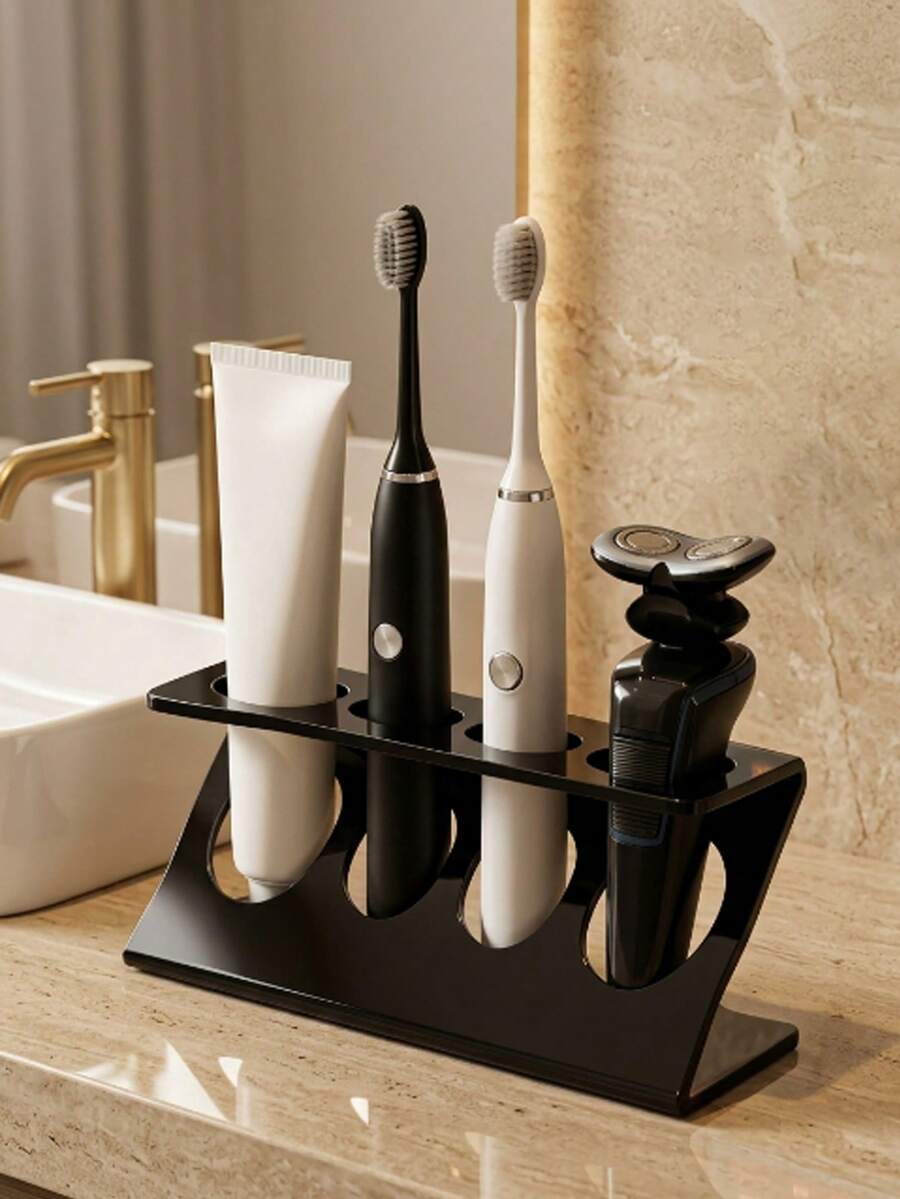 1PC Black & White Optional Plastic Toothbrush Holder, 4 Holes Freestanding Countertop Storage Stand For Electric Toothbrushes And Toothpaste, Multifunctional Modern Bathroom Washbasin Oral Care Organizer Rack - Multicolor - View 1