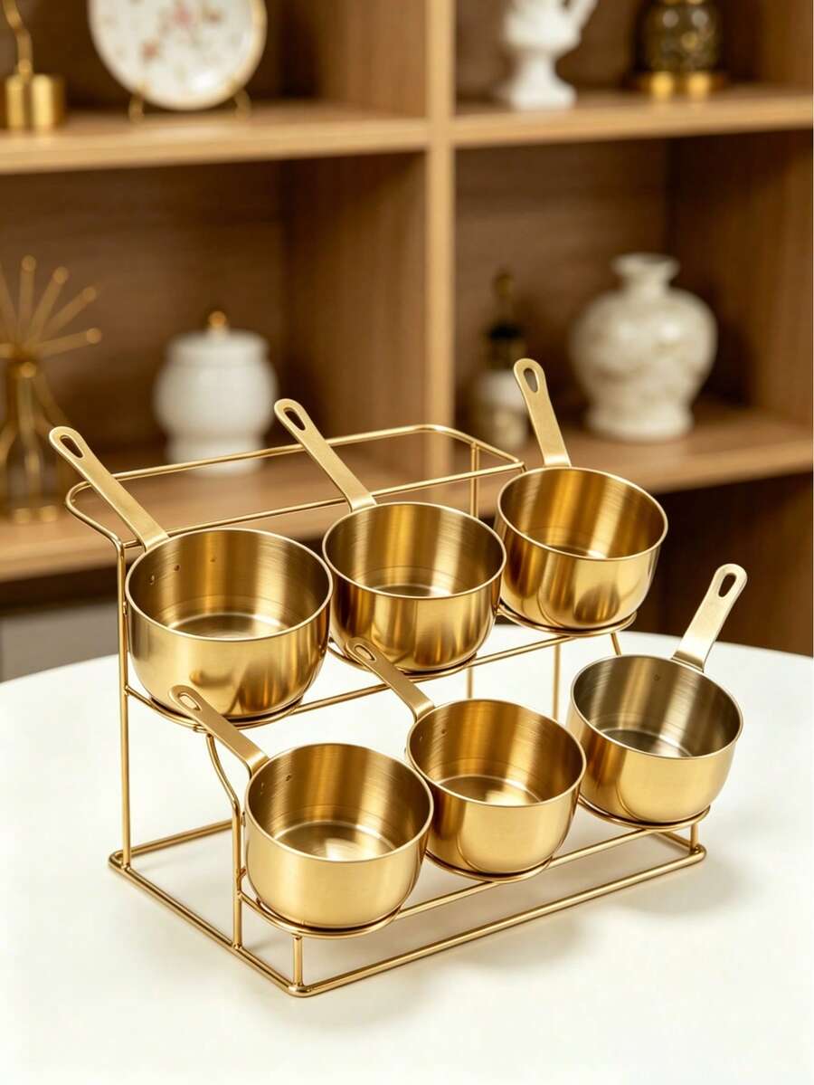 6pcs Stainless Steel Sauce Cups With Handle, Durable Multi-Functional Tableware. Suitable For Dipping Sauces, Gravies, And Baking Ingredients. Enhances Dining Elegance; A Great Practical Gift For Home Cooking Enthusiasts. 1pc/2pcs - Gold - View 1
