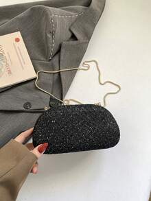 Women's Fashionable Box-Shaped Shell Clutch Bag, Shiny Elegant Romantic Style, Suitable For Shopping, Commuting, Party, Evening Banquet, Black - Black - View 9