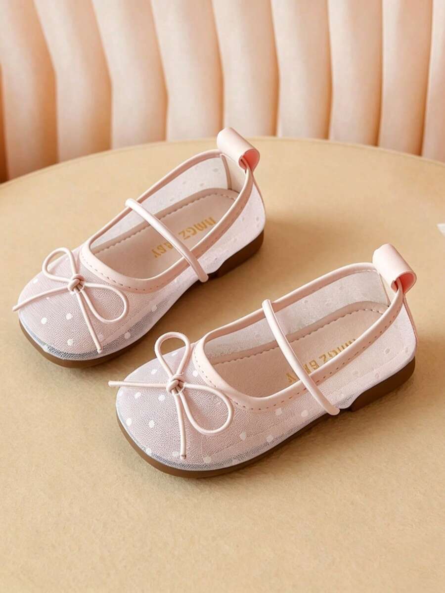 Toddler Girls Polka Dot Mesh Ballet Flats, Breathable Bow Mary Jane Shoes, Children's Daily Party Performance Soft Sole Non-Slip Flat Shoes - Pink - View 1