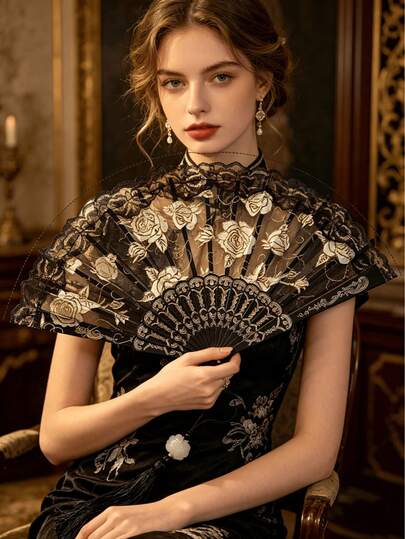 1pc Romantic Folding Hand Fan Featuring Exquisite Pure Black Lace With Elegant White Rose Embroidery And Scalloped Lace Edge. Paired With Hollow Carved Black Fan Ribs And Delicate Tassels, Lightweight And Easy To Fold. It Blends Vintage Gothic And Soft Romantic Styles, Can Be Used As A Cooling Fan In Summer, Perfect Photo Prop For Weddings, Evening Parties, And Cosplay, And An Excellent Accessory For Women's Evening Gowns.