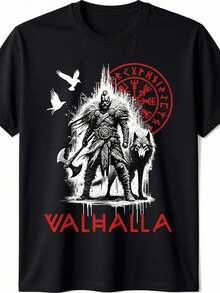 1 sztuka, męska koszulka Viking Norse Valhalla Odin Wolf & Raven Rune Compass - koszulka z grafiką przedstawiającą runę Odyna, luźna koszulka z okrągłym dekoltem dla fanów nordyckich ubrań. - Czarne - Zobacz 1