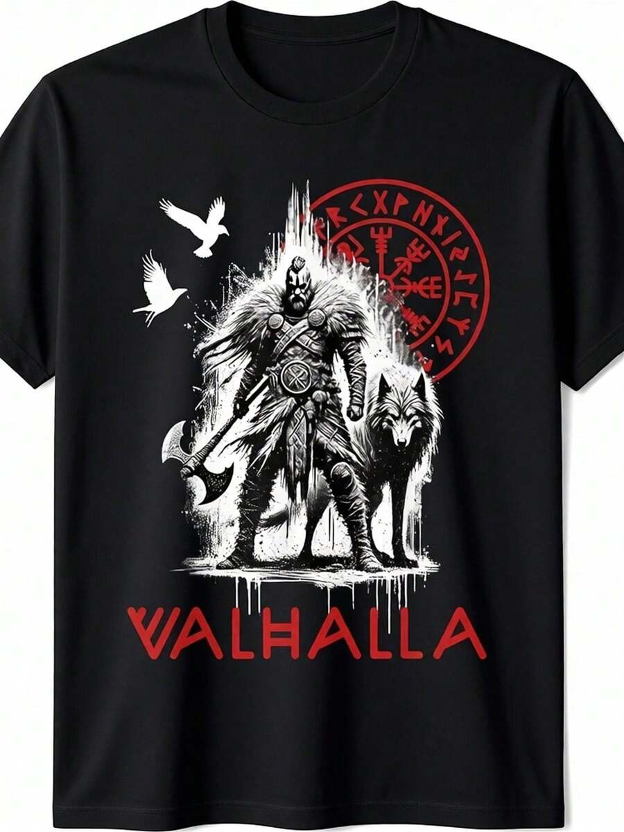 1 sztuka, męska koszulka Viking Norse Valhalla Odin Wolf & Raven Rune Compass - koszulka z grafiką przedstawiającą runę Odyna, luźna koszulka z okrągłym dekoltem dla fanów nordyckich ubrań. - Czarne - Zobacz 1