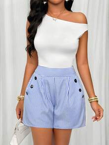 AIJ Women's Casual Blue Striped Shorts, Non-Stretch Woven Fabric, Ruched Design, With Functional Pockets, Short Length Summer - Blue and White Stripes - View 3