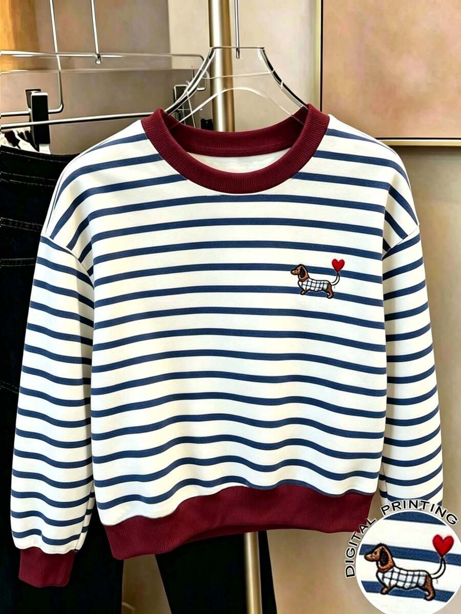 Tween Girl Cartoon Pattern Print Striped Crew Neck Long Sleeve Sweatshirt - White - View 1