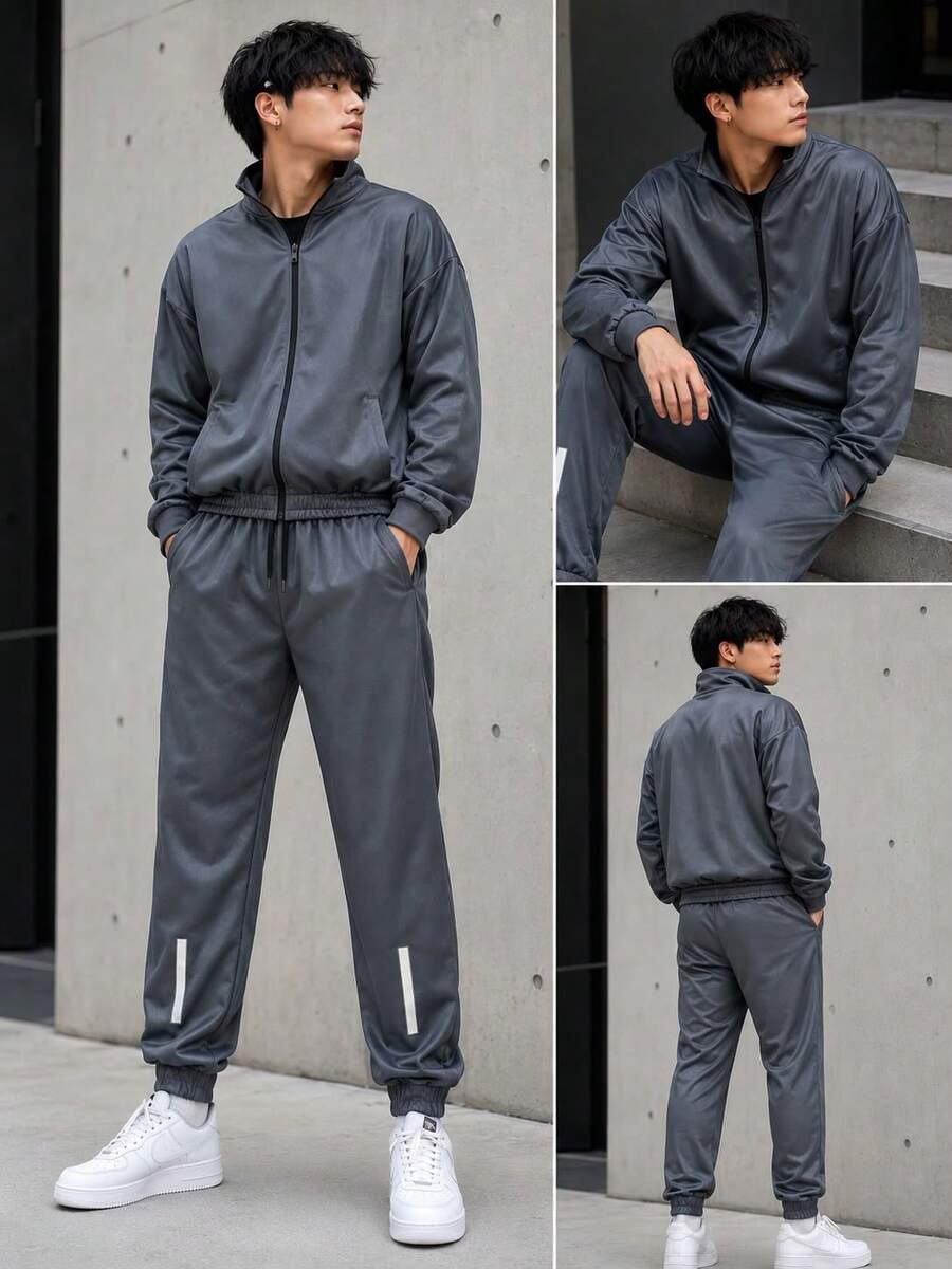 Dry Fit Set: Cold Weather Top + Jogger Pants With Reflective Detail - Gris Oscuro - Ver 1