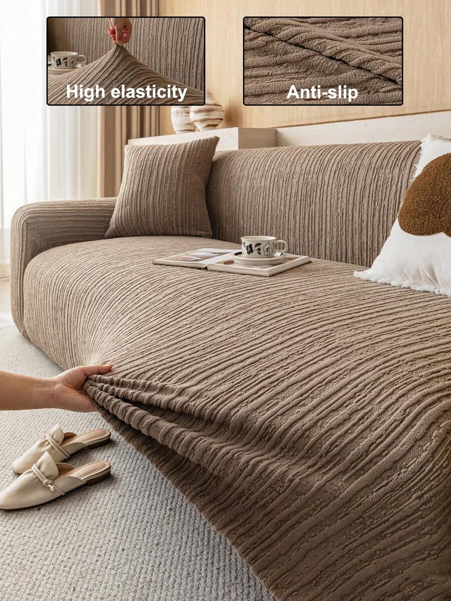 1pc 3D Sofa Cover, Multi-Functional Full Coverage Sofa Slipcover, Solid Color Geometric Pattern Design Sofa Protector, Holiday Decor Sofa Cover, High Elasticity All-In-One Sofa Cover, Suitable For All Seasons - Brown - View 1