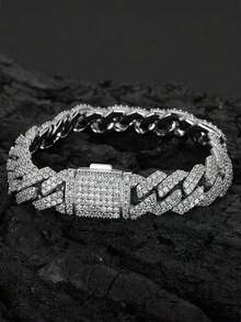 1pc 12mm Full Rhinestone Flip Clasp Rhombus Zirconia Bracelet, Personalized Hip Hop Cuban Chain Men's Full Rhinestone Bracelet, Suitable As A Gift - Multicolor - View 2