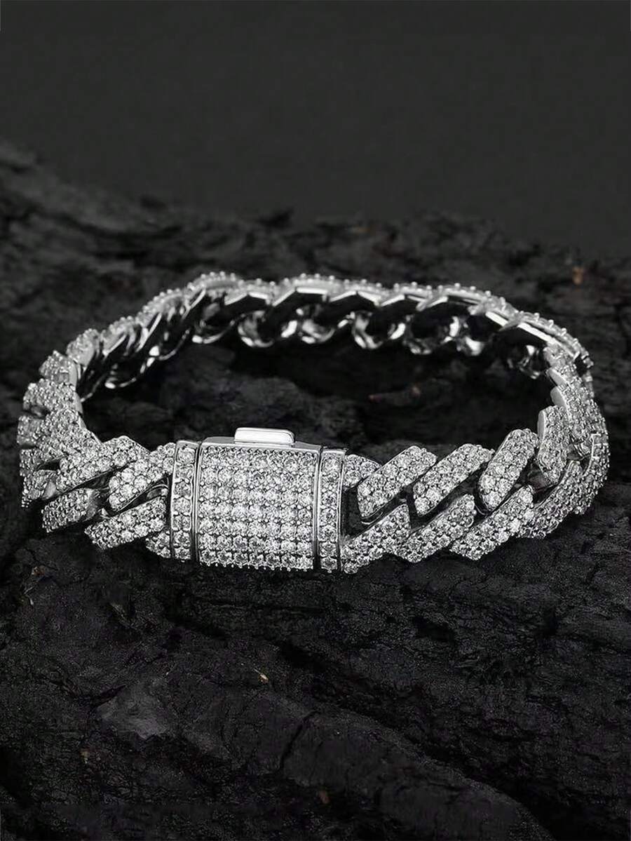 1pc 12mm Full Rhinestone Flip Clasp Rhombus Zirconia Bracelet, Personalized Hip Hop Cuban Chain Men's Full Rhinestone Bracelet, Suitable As A Gift