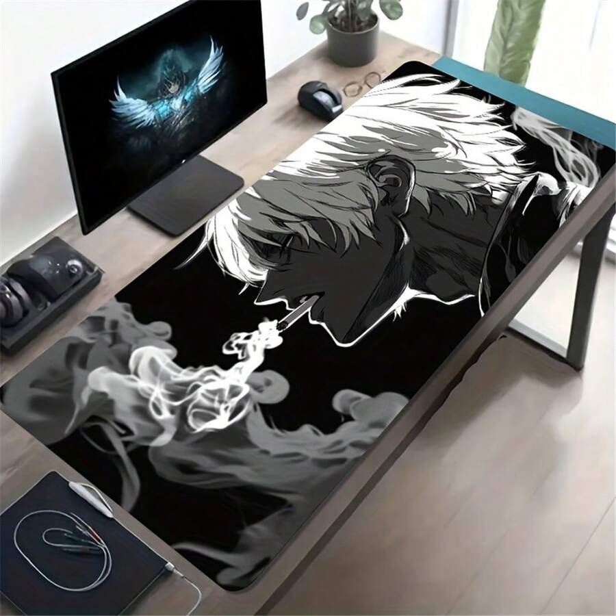 A Large Gaming Mouse Pad Featuring A Black And White Silhouette Of An Anime Character Smoking, With A Non-Slip, Washable Rubber Base. This Oversized Desk Mat Is Perfect For Office Additions, Computer Decorations - View 1