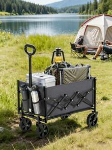 Foldable Camping Trolley, Made Of Wear-Resistant Large-Capacity Oxford Cloth, Constructed With Thickened Stable Steel Frame, Equipped With Smooth Universal Large Wheels And Retractable Pull Rod, Easy For Outdoor Transportation - Multicolor - View 4