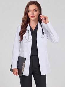 Jaqueta Jaleco Branco Feminino de Manga Longa com Lapela Entalhada, Frente Aberta, Bolso, Scrubs para Enfermeira, Roupa de Trabalho, Dentista, Saúde, Hospital Veterinário e Laboratório - Branco - Visão 6