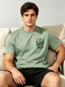 Men Plus Size Vintage Print T-Shirt, Mountain Adventure Dinosaur Motorcycle Graphic T-Shirt, Round Neck Loose Short Sleeve Tee, Polyester Knit Fabric - Green - View 3