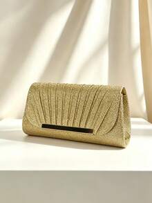 Sac de soirée plissé pailleté pour femmes, sac à main enveloppe avec décoration de barre métallique, pochette pour mariage, fête et dîner formel - Doré - Voir 3