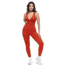 Seamless Compression Athletic Jumpsuit, Sleeveless V-Neck Full Length Workout Bodysuit For Gym Running - Black - View 3