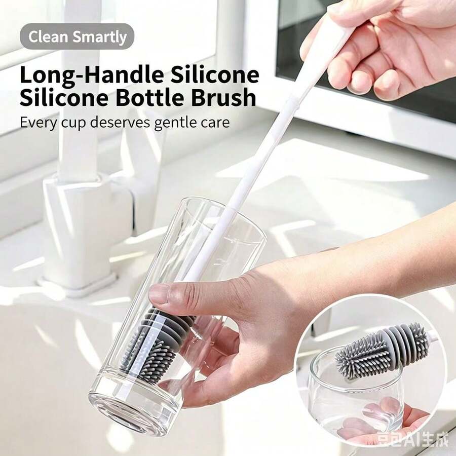 1/2Pcs Kitchen Cleaning Brush Long Handle Silicone Cup Brush For Home Use, No Dead Angle Cleaning Brush For Baby Bottles And Blender, Stain Removal Tool - A - View 1