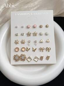 15 Pairs Cute Fashionable Flower Rhinestone Bow Square Letter Minimalist Stud Earrings Set For Women, Suitable For Daily Wear, Vacation, Jewelry Gift - Multicolor - View 1