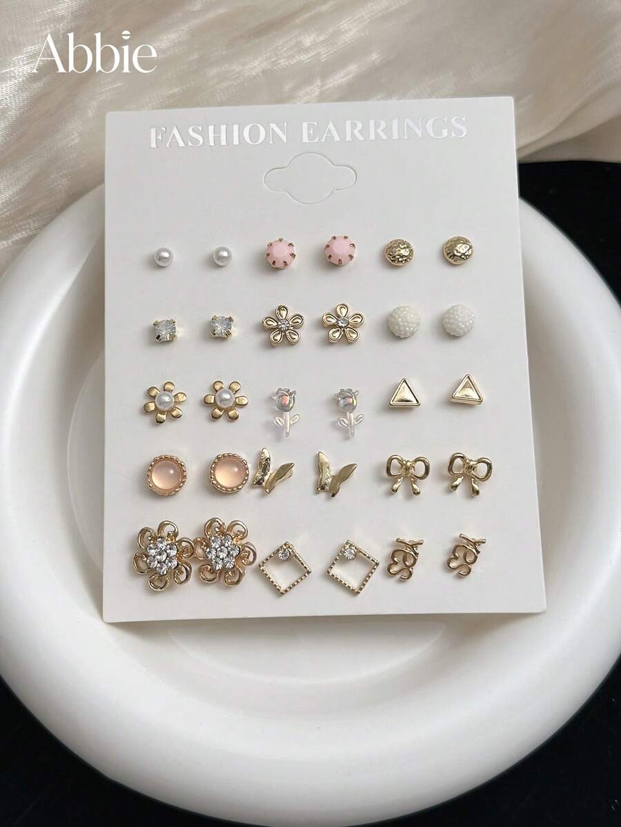 15 Pairs Cute Fashionable Flower Rhinestone Bow Square Letter Minimalist Stud Earrings Set For Women, Suitable For Daily Wear, Vacation, Jewelry Gift - Multicolor - View 1