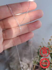 LEKANI 1pc S925 Sterling Silver Necklace,cross Pendant With Colorless Cubic Zirconia In Unique Minimalist Style,match All Outfits, Ideal Gift For Anniversary, Birthday And Daily Wear, Perfect For Besties And Girlfriends - Silver - View 1