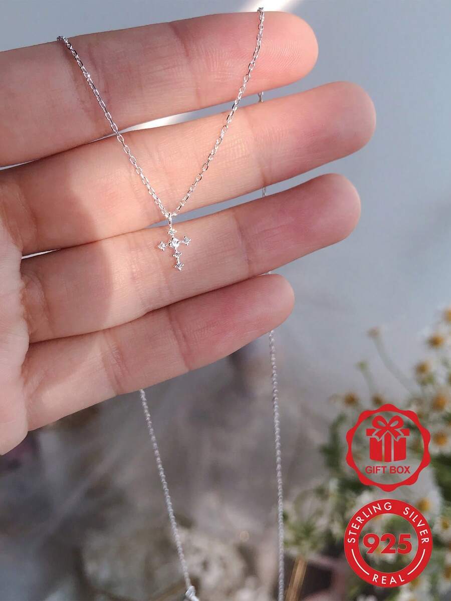 LEKANI 1pc S925 Sterling Silver Necklace,cross Pendant With Colorless Cubic Zirconia In Unique Minimalist Style,match All Outfits, Ideal Gift For Anniversary, Birthday And Daily Wear, Perfect For Besties And Girlfriends - Silver - View 1