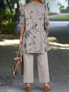 3pcs Women Floral Print Cardigan + Solid Color Tank Top + Pants Elegant Set Vacation Spring Summer - Grey - View 2