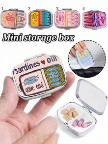 Sardine & Sea Bream Pattern Square Metal Pill Box, Square Mini Pill Box With Compartments, Portable Storage Box For Travel & Home Use, Travel Essential, 2-Compartment Portable Pill Box, Suitable For Storing Medicine, Vitamins, Jewelry, Earrings, Applicable For Travel, Outdoor Activities, Pockets, Handbags - Great Gift For Birthdays And Holidays - Multicolor - View 11
