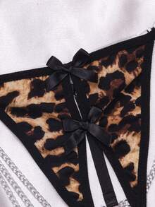 Custom Leopard Print 3D Bow Decor T-Back Panty With Gold Pendant, Personalized Name Engraving, Couple Gift - Black - View 3