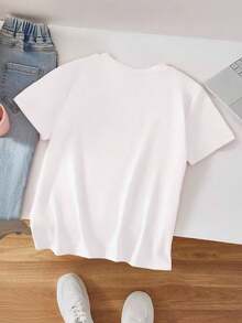 Camiseta de manga corta con estampado de cara sonriente linda para niños, estilo casual, adecuada para niñas, cómoda y transpirable, una pieza personalizada - Blanco - Ver 8