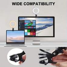 可調光 LED 環形燈附夾子，3 種色溫模式（暖光/冷光/自然光），USB 供電，適用於筆記型電腦、螢幕、視訊會議、自拍、Vlog、化妝、直播及其他室內照明，塑膠燈罩 - 黑色 - 查看 4