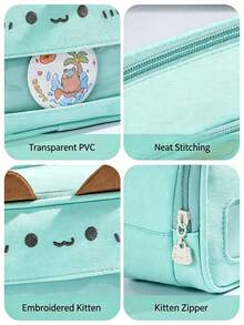 1pc High Aesthetic Mint Kitty Ita Pen Case, Stereo Cat Ear Pencil Bag, Large Storage Stationery Pouch, Perfect For School, Office, First Day Of School - Multicolor - View 6